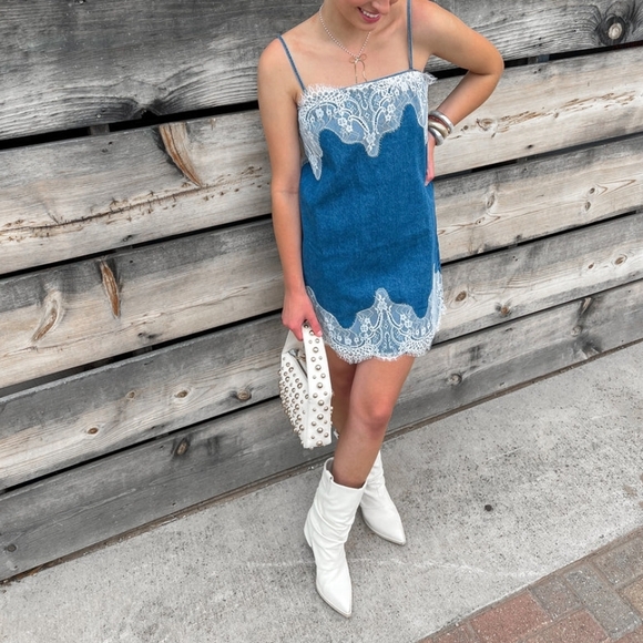 Denim Mini Dress with Lace Trim - Picture 8 of 9